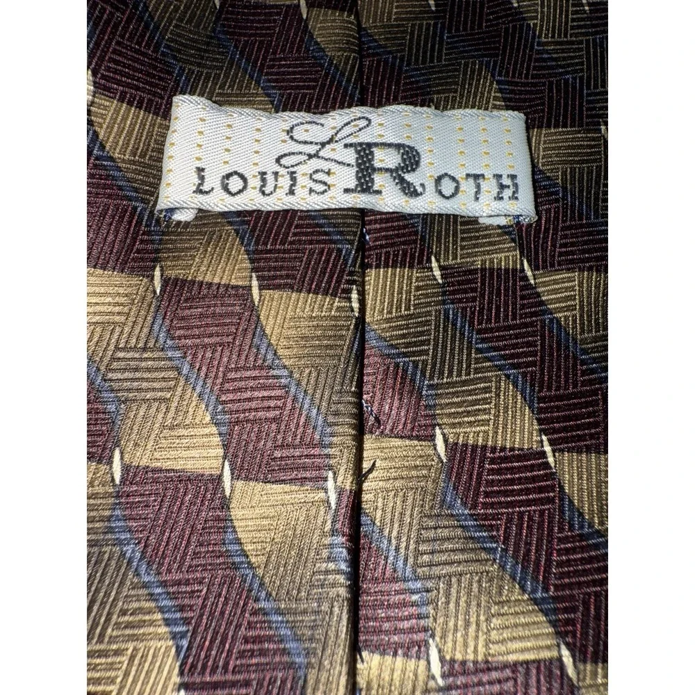 Louis Roth Men's Silk Tie Geometric Burgundy Gold Brown‎ Vintage Handmade Korea